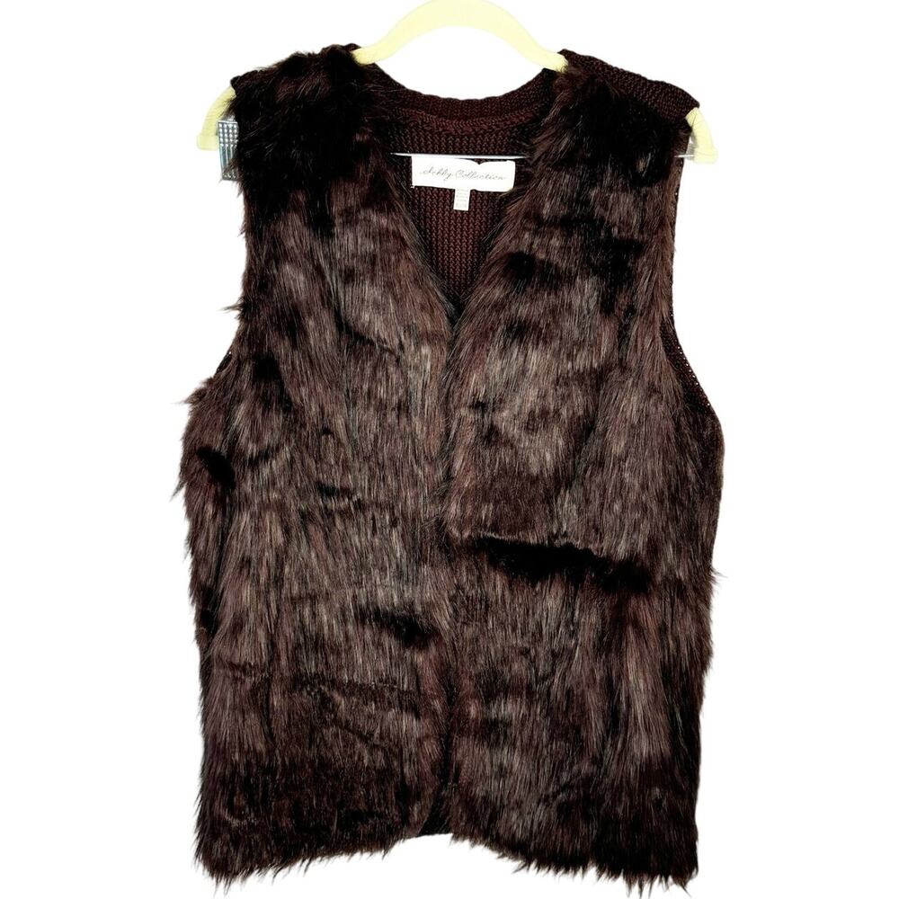 Sebby Collection Burgundy‎ Faux Fur Knit Sleeveless Satin Lined Sweater Vest XL